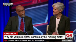 Green Party presidential and vice presidential candidates Jill Stein and Ajamu Baraka respectively participate in a CNN town hall discussion in New York City on Aug. 17, 2016.